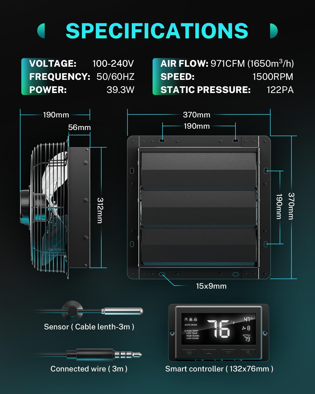 HG Power 300mm Afzuigventilator Industriële Wandventilator 1300m³/h Wandventilator met Scherm Afzuigventilator met EU-stekker Aluminium Raamventilator