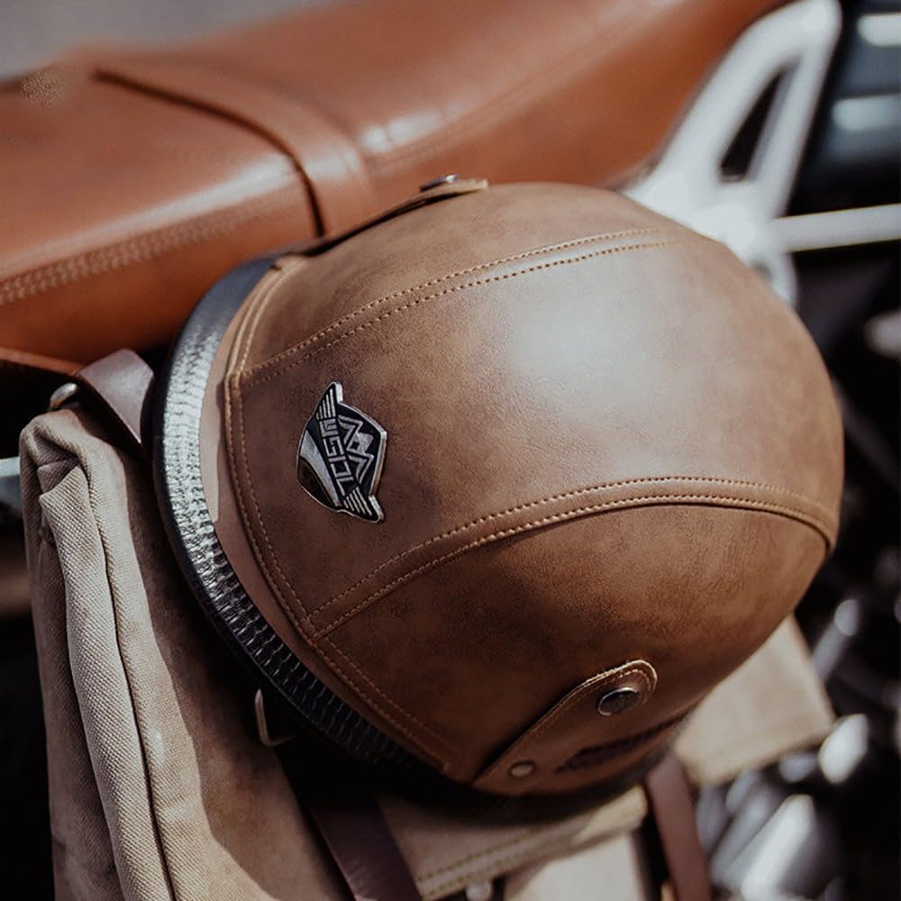 Retro Moto Casco Mezzo Pelle, Certificazione ECE Casco Jet Vintage con Occhiali da Aviatore, Caschi Scooter Caschi Street Cruiser da Uomo e da Donna