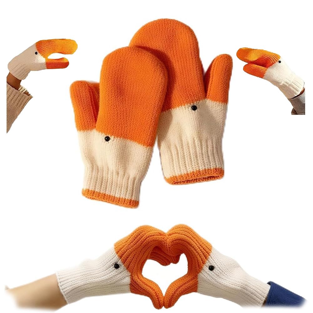 nnOuOnn Silly Goose Gloves, Handmade Funny Knit Animal Warm Mittens Gifts for Adult Kid, Orange Duck Ladies Thermal Winter Running Gloves, Christmas Cute for Women Men
