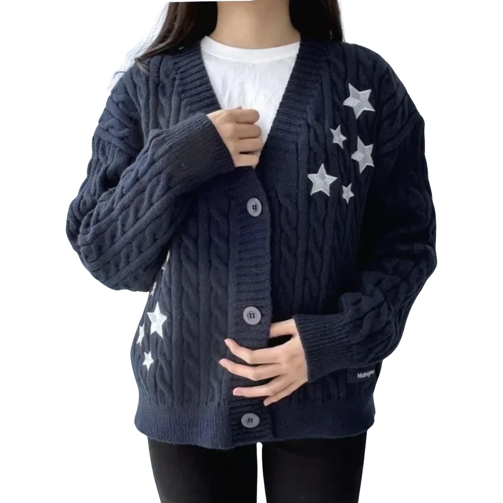 Winter Midnight Navy Blue Knitted Cardigans Women Spring Y2K Casual Star Embroidery Single Breasted Sweaters