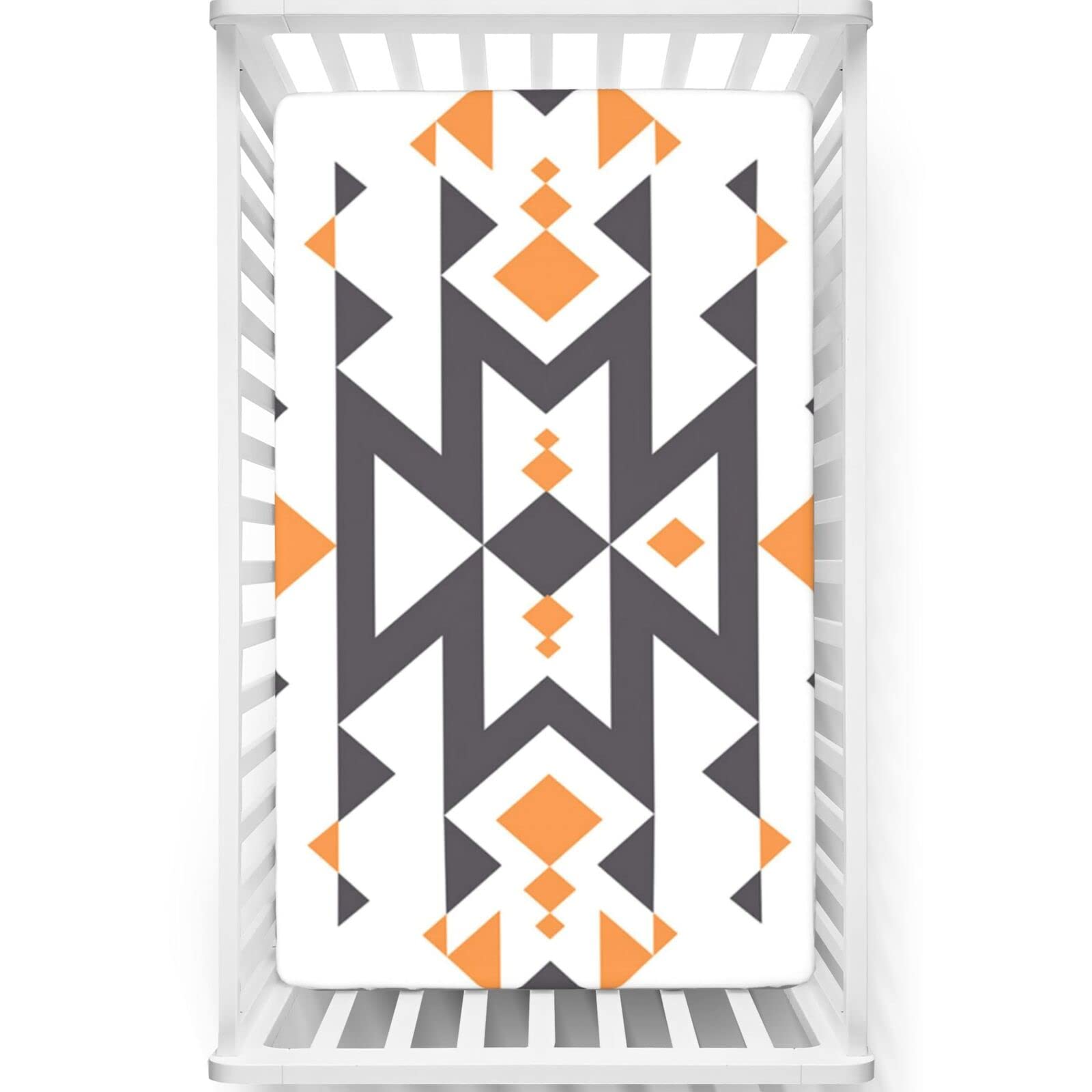 Aztec Themed Fitted Mini Crib Sheets,Portable Mini Crib Sheets Soft Toddler Mattress Sheet Fitted-Baby Sheet for Boys Girls, 24“ x38“,Orange Taupe