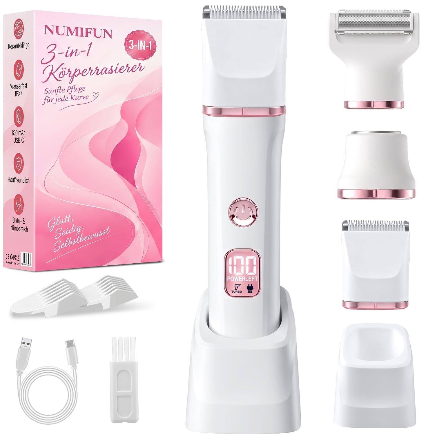 Rasierer Damen, 3-in-1 Intimrasierer für Frauen, Elektrischer Damenrasierer & Gesichtshaarentferner, Nass & Trocken Trimmer für Beine, Bikinizone, Achseln, IPX7 Wasserdicht, Turbo-Modus, Weiß
