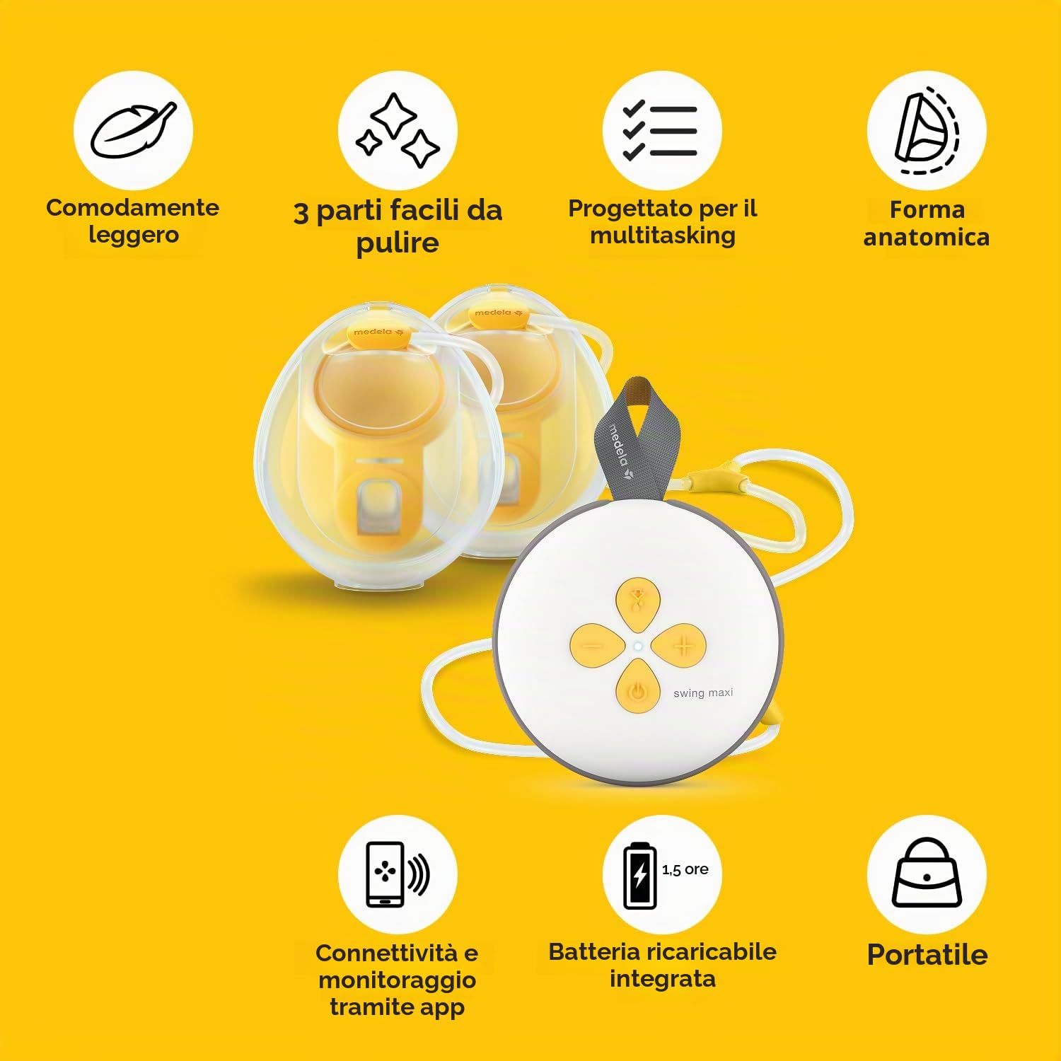 Medela Swing Maxi Tiralatte a mani libere | Facile, intuitivo, ideale da portare in viaggio, doppio tiralatte elettrico a mani libere