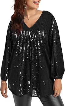 Denim Top Womens Sparkly Shirts Plus Size Sequin Tops Crew Neck - Main Image