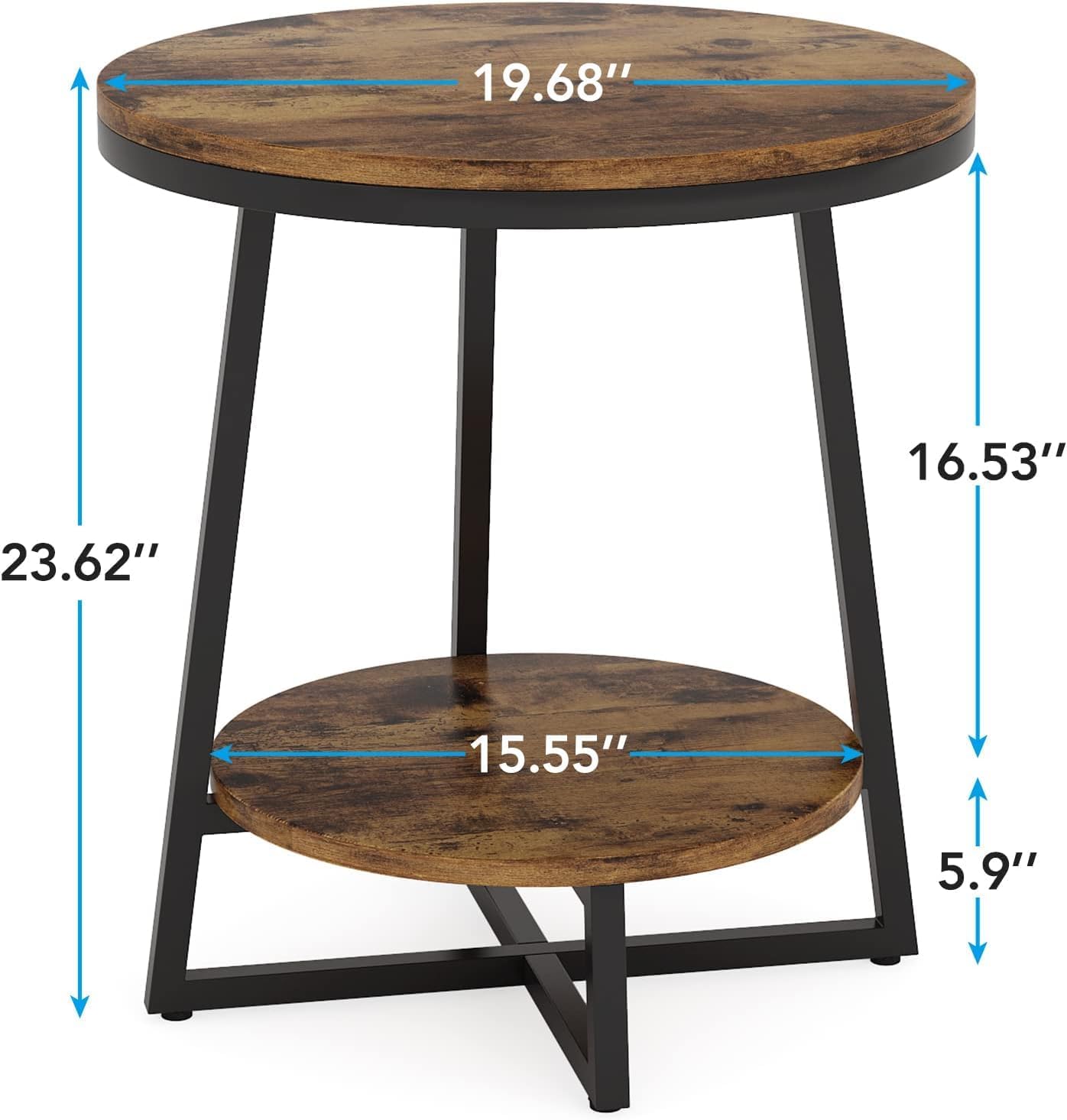 OGFC 36167 End Table, 2 Tier Round Side Table Accent Table for Living Room, Rustic Brown 1