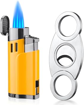 Cigar Lighters and Cutter Set with Butane Refillable Four Jet Flame Lighters Sharpening Blade Cigar Guillotine Windproof Lighter Torch Yellow