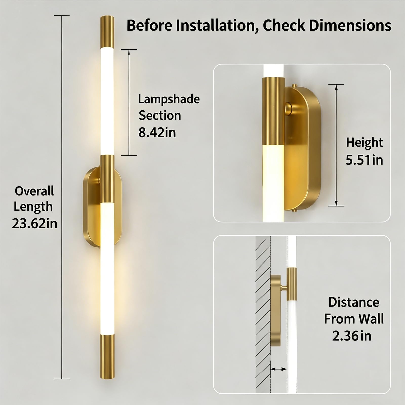 2er Set LED Wandleuchte Innen Gold Dimmbar mit Fernbedienung | 60cm Lange, 18W LED, Acryl Lampenschirm, Verstellbare Farbtemperatur Helligkeit, für Schlafzimmer, Flur, Treppenhaus