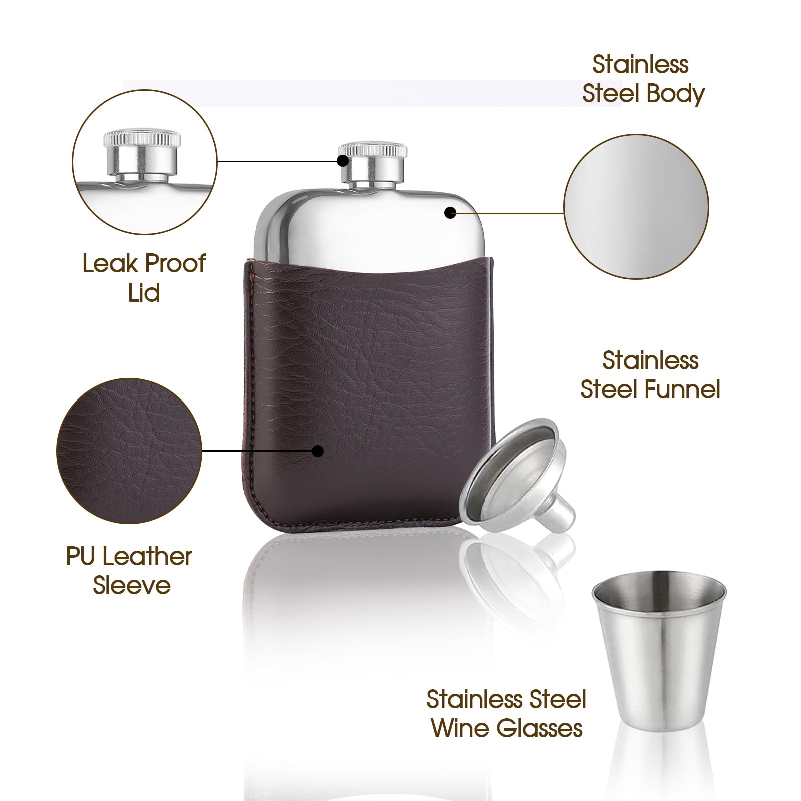 MEETOZ 6oz Hip Flask Gift for Him Premium Tan PU Leather Sleeve and Stainless Steel Funnel Cup Gift for Him Groomsmen Gift Hip Flask for Men Whisky Flask - Image 3
