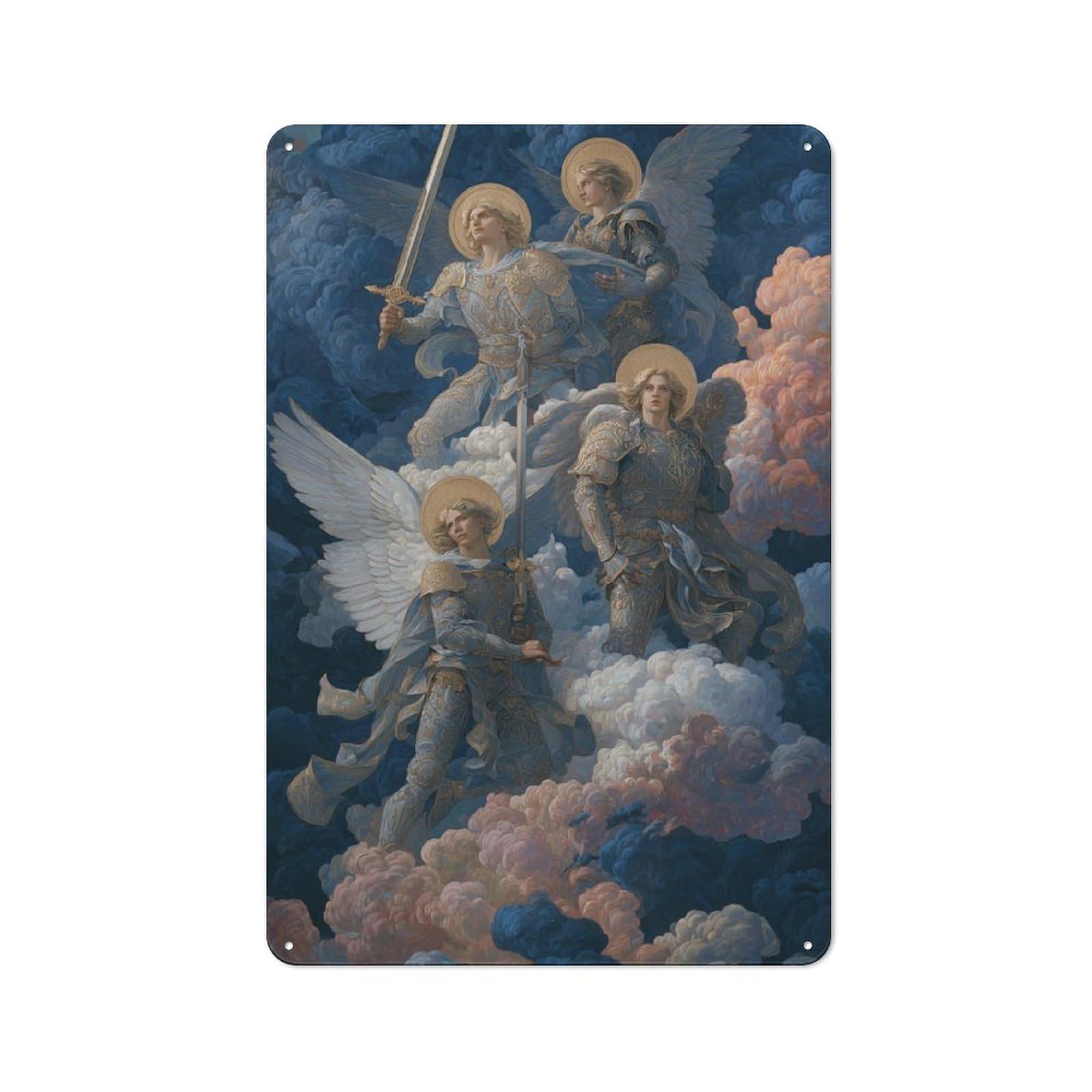 Junmoney Heavenly Warriors In Clouds Classic Metal Wall Decor 30X20cm, Decorative Tin Plaque For Cafe, Pub, Workshop Or Home Bar