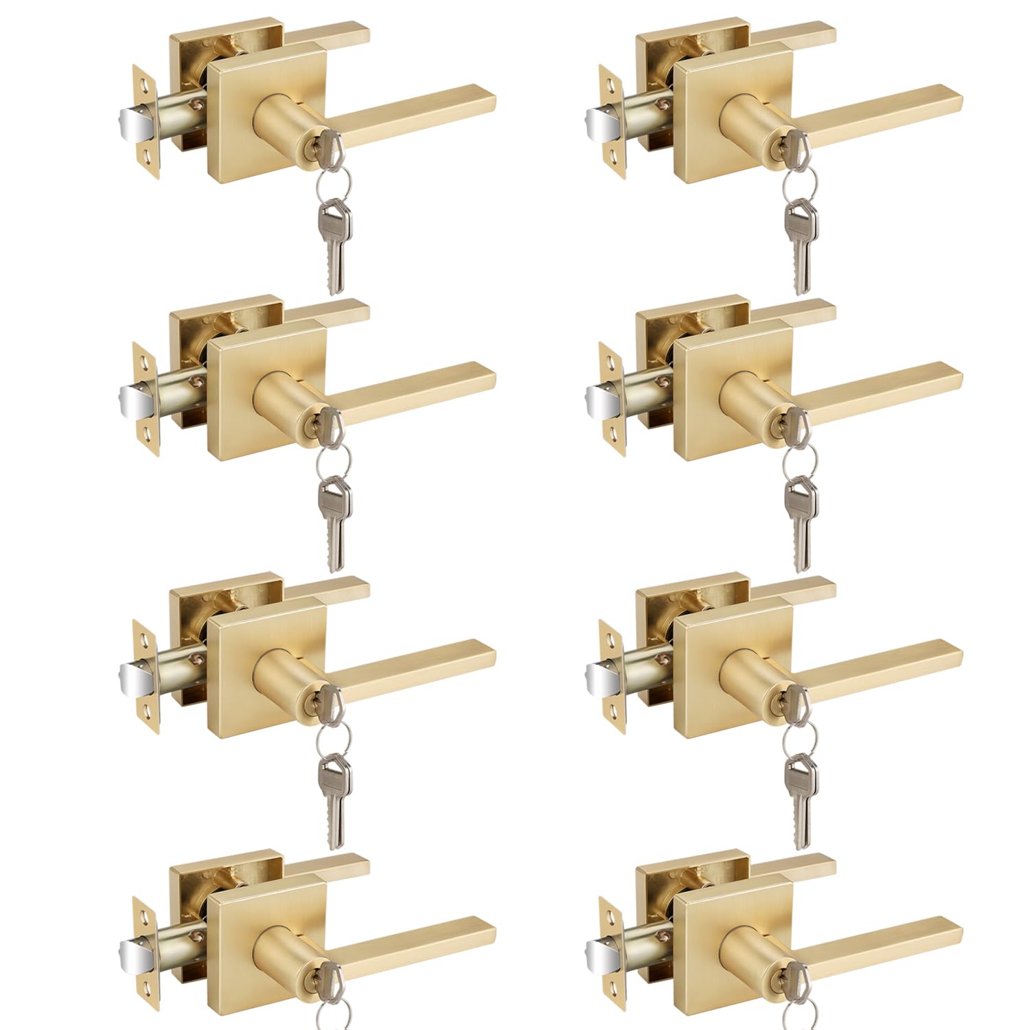 EHOMEWARE 8 Pack Gold Door Handles Door Knobs,Heavy Duty Modern Interior/Exterior Door Handle Sets, Satin Brass Door Lever Front Entry Door Handle wth