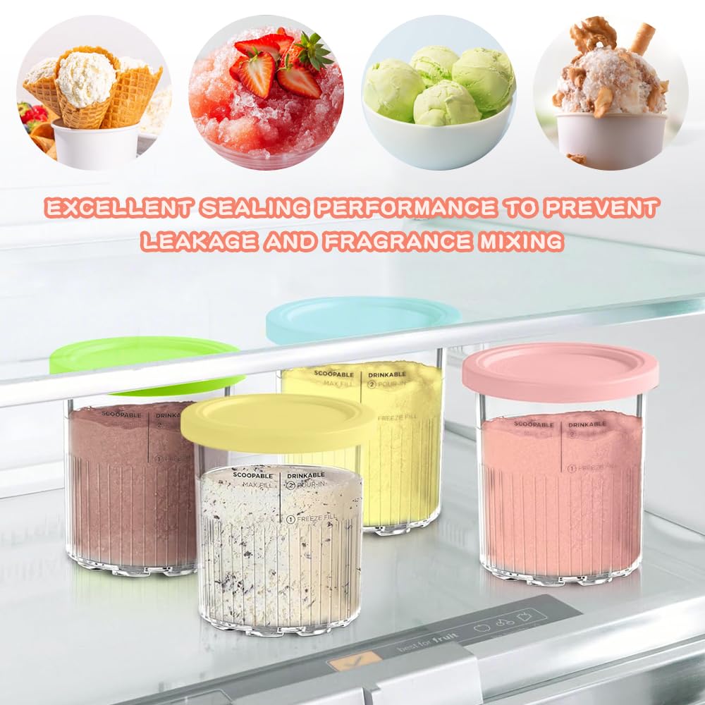 Lot De 4 Pots à Glace 800ml Avec Couvercles Colorés – Compatibles Ninja Creami NC500-501, Lavables Au Lave-vaisselle
