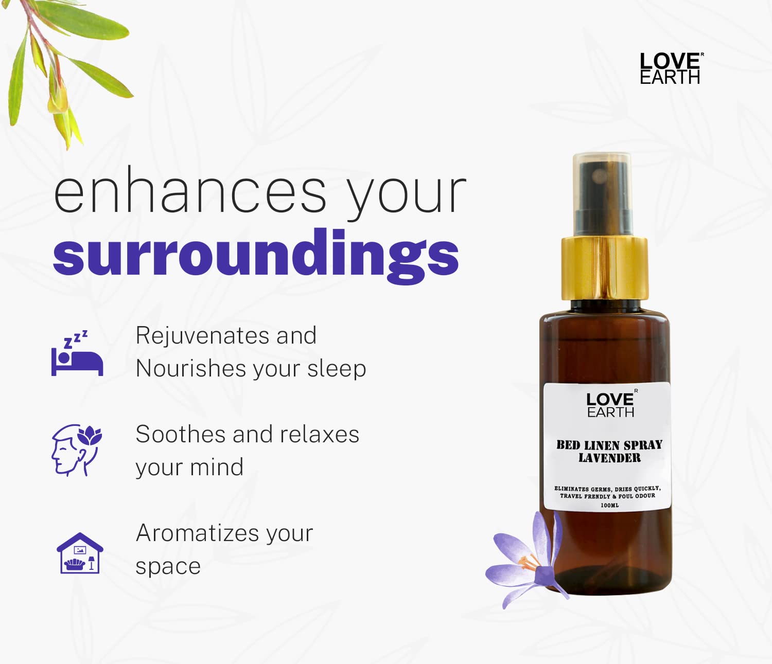 Love Earth Bed Linen Spray with Lavender & Tea Tree | Anti-Anxiety, Sleep Aid & Mood Enhancer | Anti-Bacterial Fabric Spray for Pillows, Bedsheets & Curtains | 100ml 2
