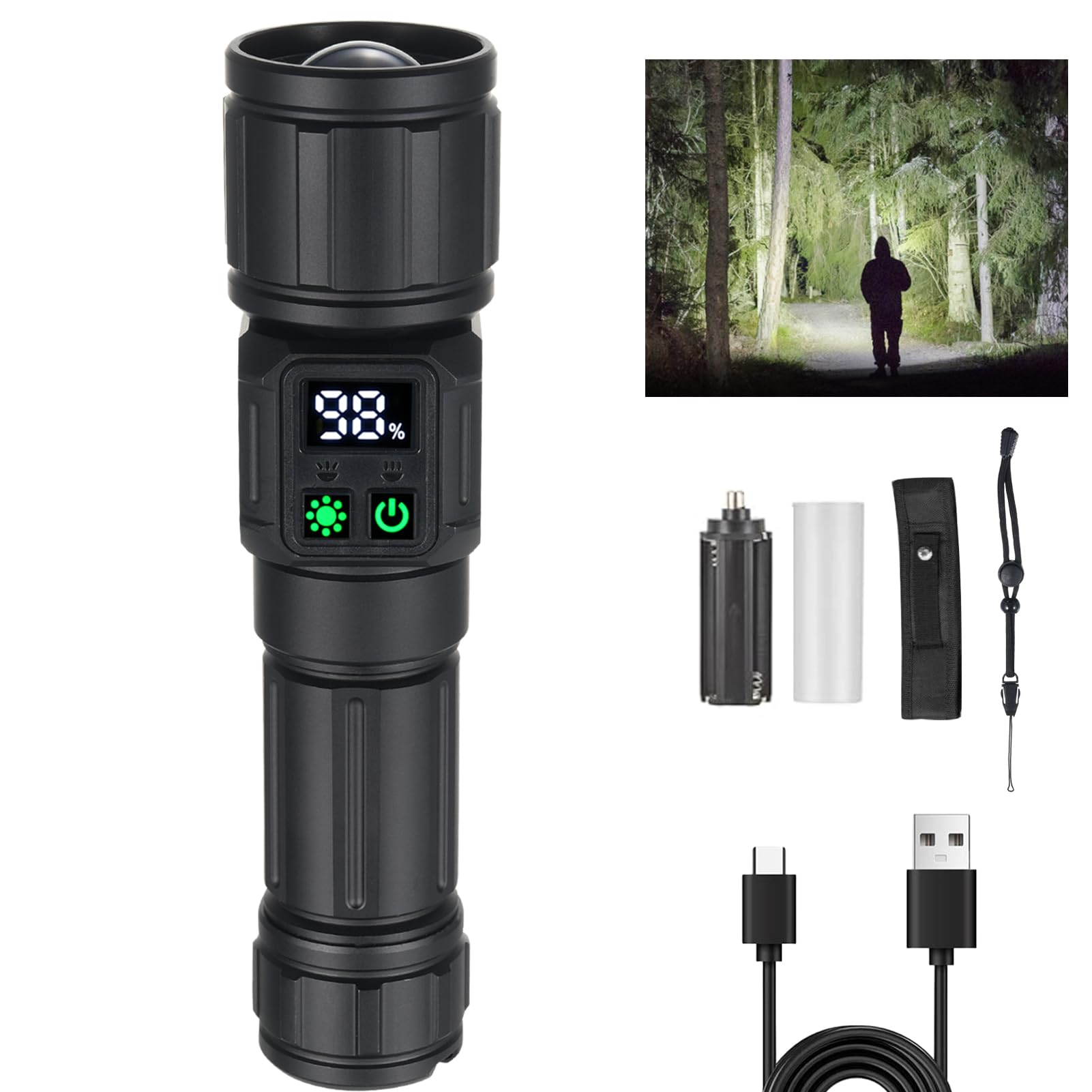 Tom-shine Súper Brillante Linterna LED con Zoom – Recargable USB-C 5000mAh, 9 Modos + Luz Lateral & Indicador de Batería, IPX4 Resistente a la Lluvia para Caza, Camping, Emergencias
