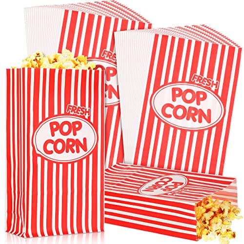 Potchen Paper Popcorn Bags Bulk 2 oz Large Individual Servings Popcorn Bag Flat Bottom Disposable Container Vintage for Movie Night Themed Summer Graduation Party Carnival Supplies(200 Pcs,Red)