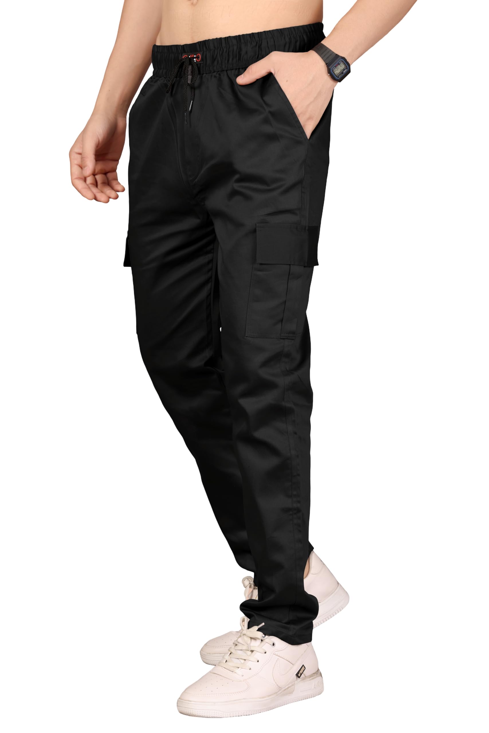 Men's Solid Cargo Jogger Pants with Side Pockets | Elastic Waist Drawstring Casual Trousers-image-21