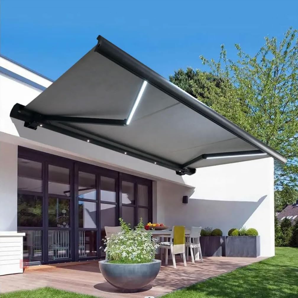 Tenda elettrica retrattile per patio, con telecomando e luce LED, resistente ai raggi UV e all'acqua, con telaio in alluminio, per interni ed esterni