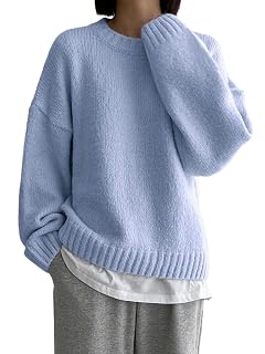 Fall Long Sleeve Crewneck Sweaters Top for Women Solid Drop Shoulder Sweater Clothes