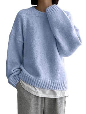 Fall Long Sleeve Crewneck Sweaters Top for Women Solid Drop Shoulder Sweater Clothes
