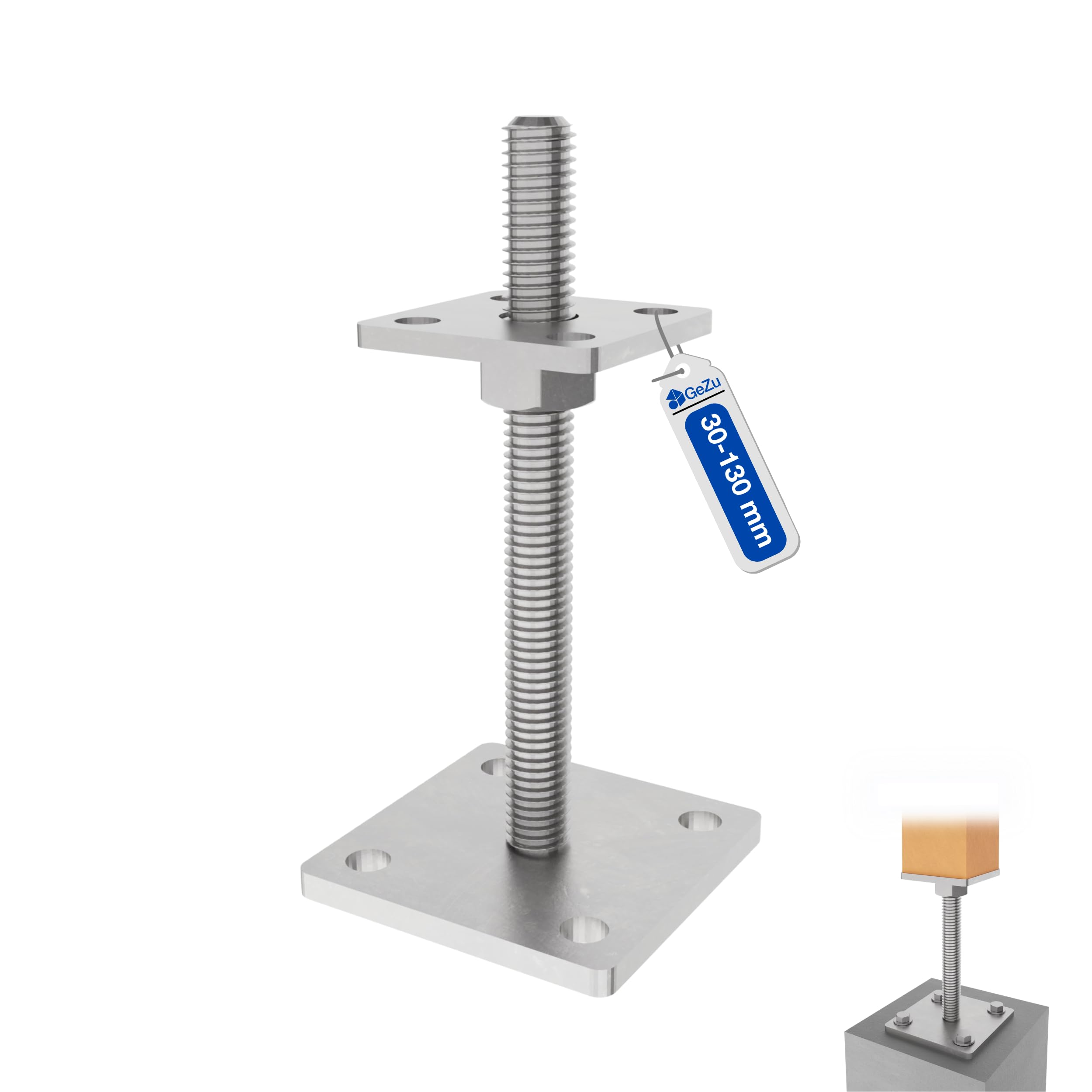 GeZu Impex Adjustable Post Support 80 x 80 mm Zinc Flake height adjust holder elevated base, 80 x 80 mm | 50-130 mm | Welded Nut