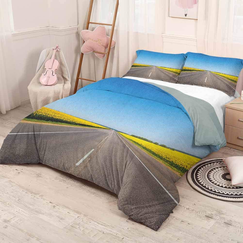 prunushome Yellow and Blue Bedding-SetsOn The Road Theme Highway with Sunflower Field Backdrop Nature Panorama Lightweight Grey Sky Blue 71x87in/20x30inx2