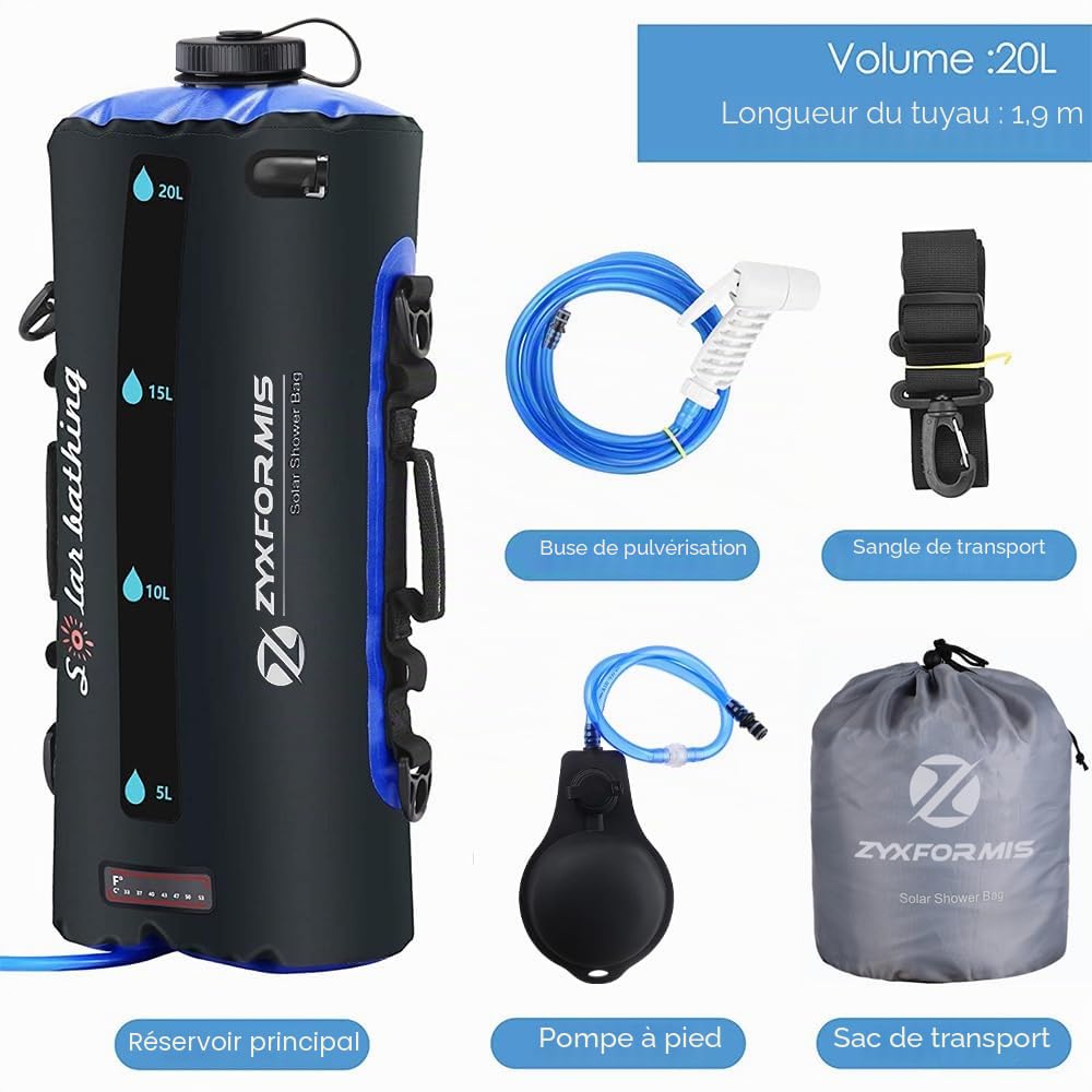 Douche de Camping Portable 20 L avec thermomètre et Pompe à Pied | TPU résistant, poche pliable, fenêtre transparente, double raccord, tuyau amovible, débit réglable, randonnée, plage, animaux