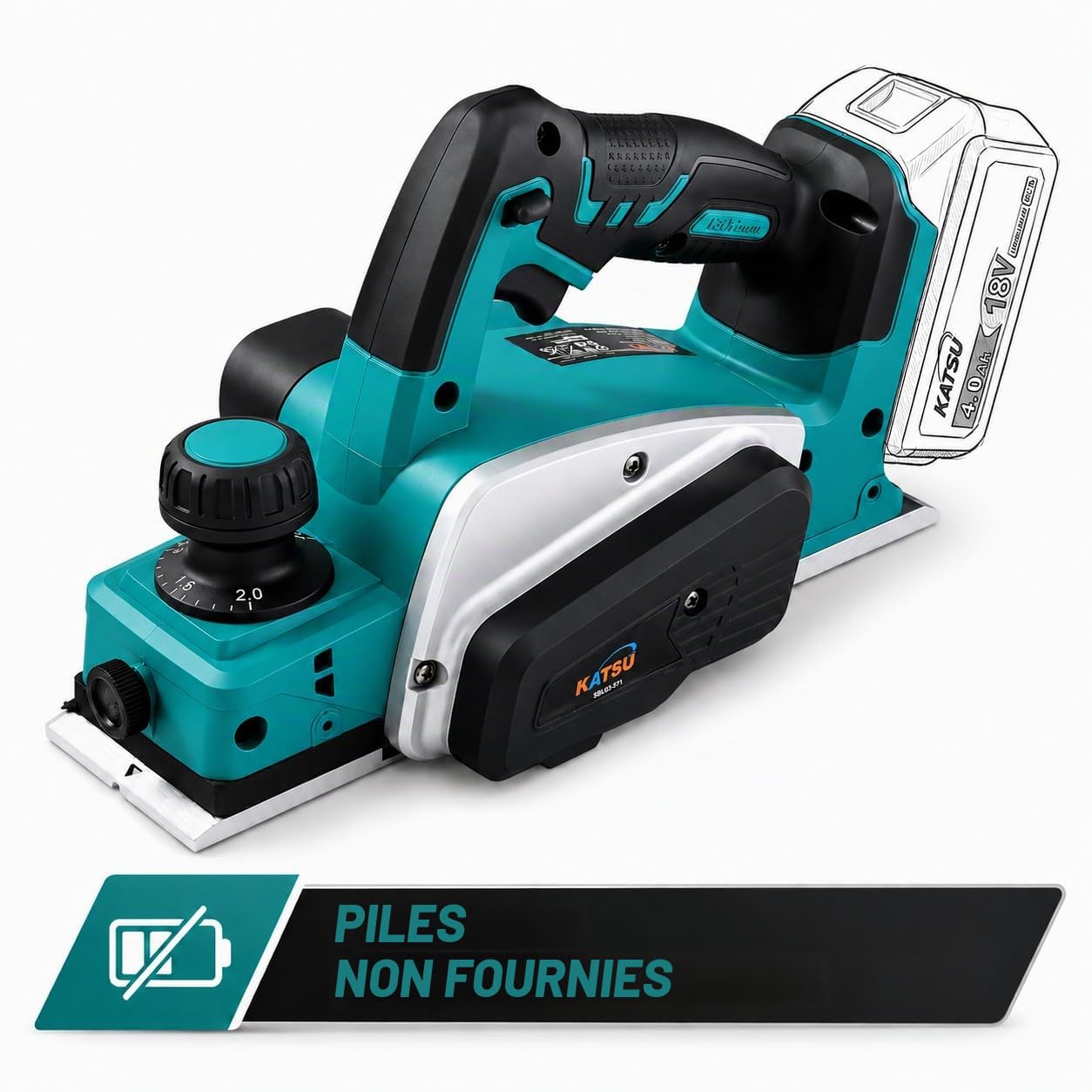 KATSU FIT-BAT 21V Rabot Sans Fil, Régime à Vide 15000RPM, Largeur de Rabotage 82mm et Profondeur 2mm, Raboteuse à Main électrique, Lames Supplémentaires Incluses, sans Batterie ni Chargeur