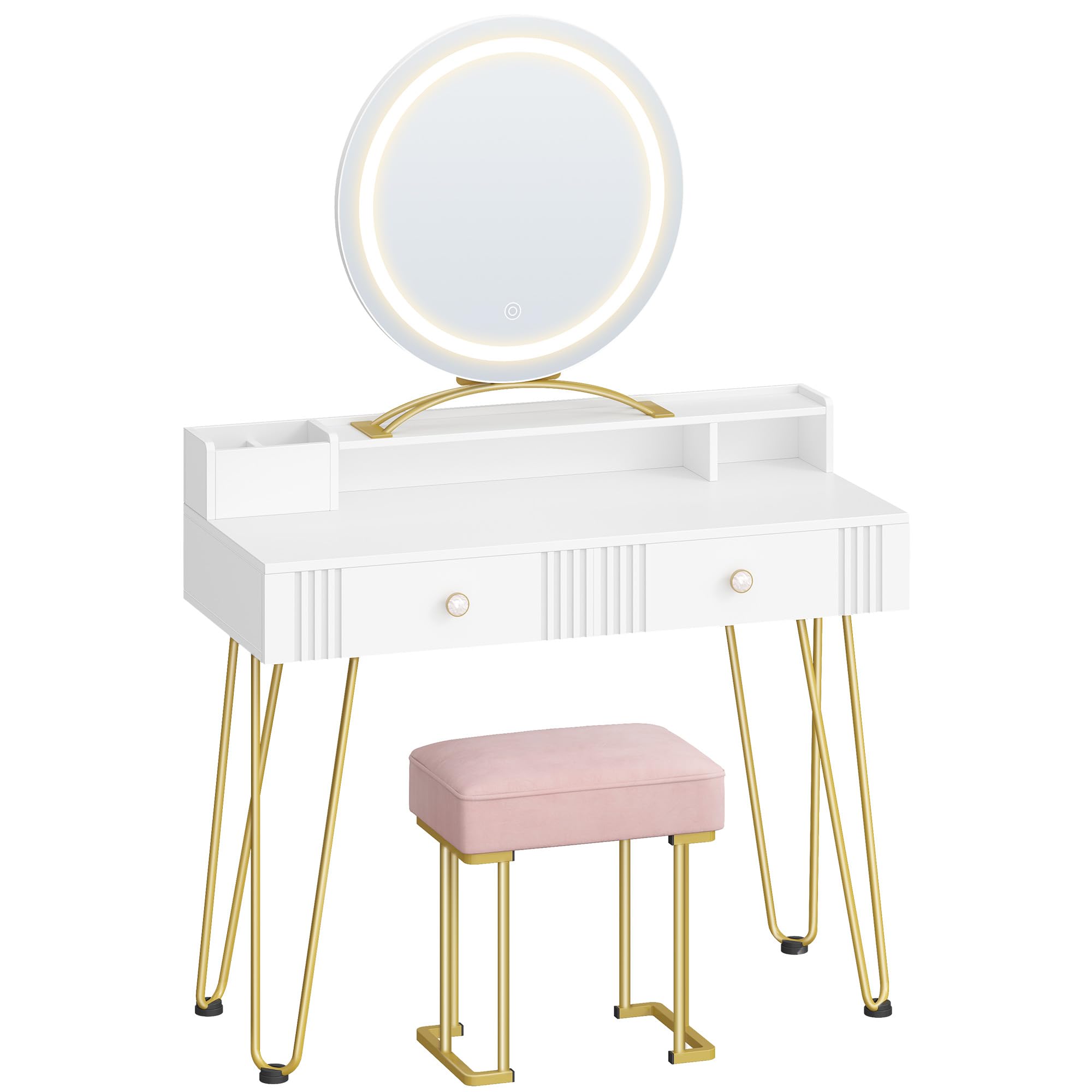 Hzuaneri toeletta trucco con Sgabello e Illuminazione, toeletta da trucco con specchio, Sgabello imbottito rosa, con Cassetti, 40 x 90 x 140 cm, Bianco Opaco e Oro DT42403XEU