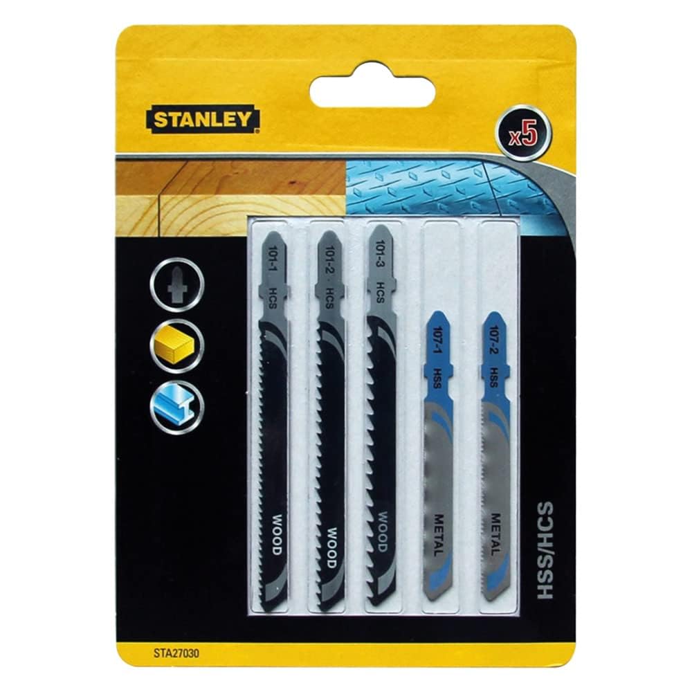 STANLEY SFMCS600B-XJ Sierra de calar V20 Lithium-Ion 18V sin batería + STA27030-XJ - Juego de 5 hojas HCS/HSS. Para distintos cortes en madera <60mm y cortes en metal 0.8mm-4mm