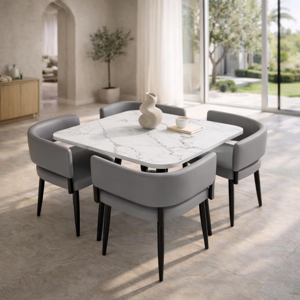 Luxury Ceramic Marble 4 Seater Dining Table Set – Space Saving Square Table with Metal Legs & PU Leather Chairs for Kitchen & Dining Room(White & Grey)