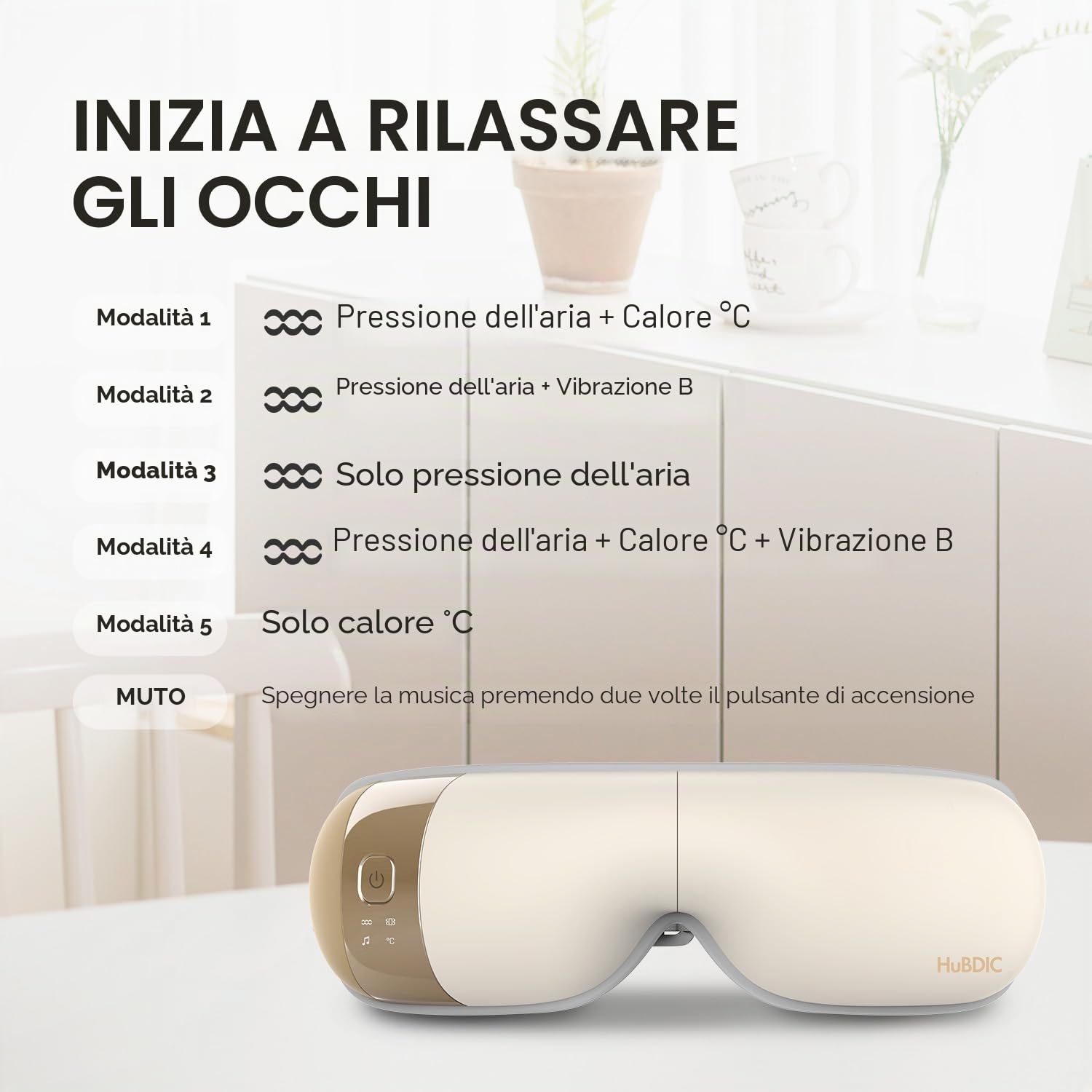 HubiCare HEM-5 Massaggiatore occhi con calore vibrazioni e musica Bluetooth, sollievo da emicrania e affaticamento visivo, riduce occhiaie e borse, relax sonno, design pieghevole portatile (Beige)