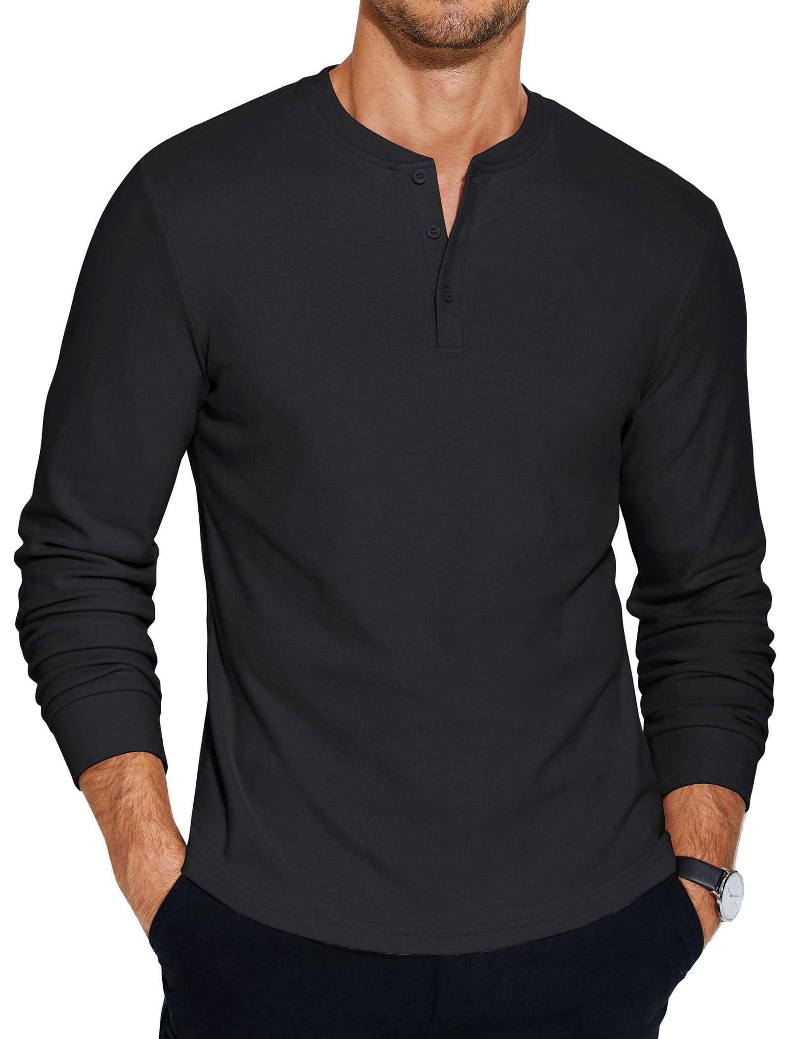 COOFANDY Henley-T-Shirt für Herren, langärmelig, lässig, kragenlos, Viertelknopf-Pullover