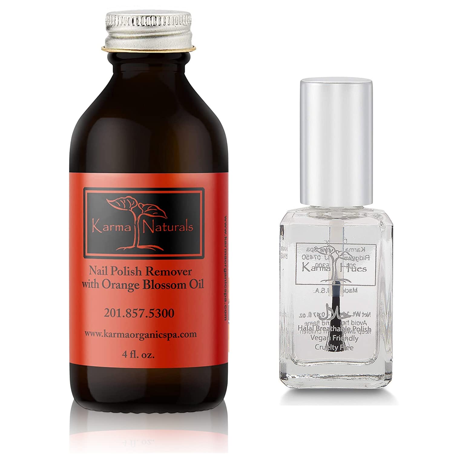 Karma Organic Nail Polish Remover & Top Coat Bundle – Naturals Orange Blossom Nail Polish Remover (4FL-Oz) Halal Breathable Top Coat ANASTASIA (0.43FL-Oz)