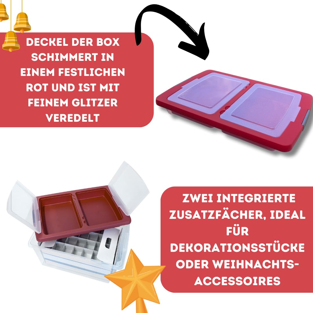 Weihnachtskugeln Aufbewahrungsbox für 71 Kugeln | Extrafach im Deckel | Große & stabile Glitzer-Weihnachtsbox | Verschließbarer Deckel | Christbaumkugeln | Christbaumschmuck | Deko
