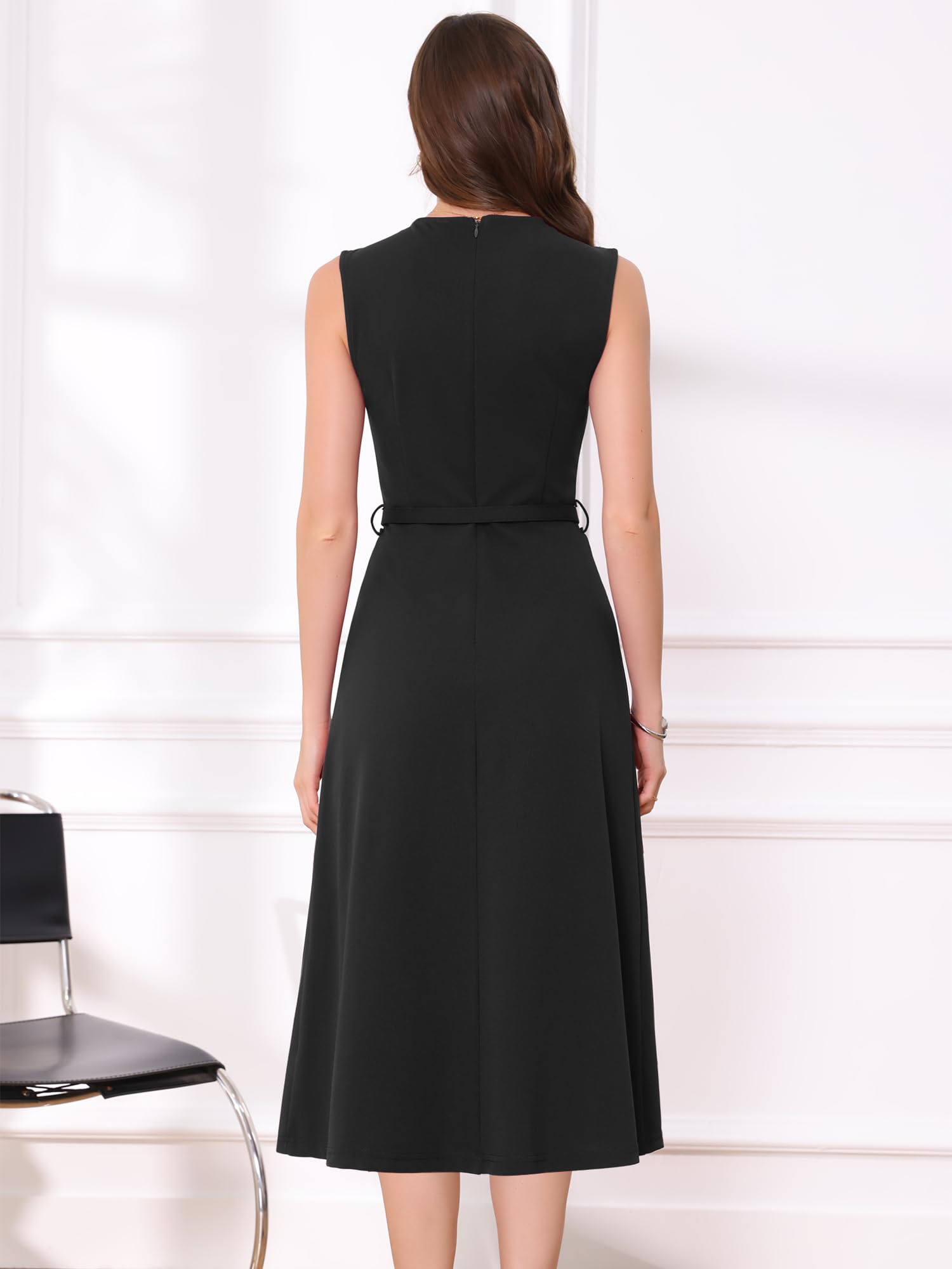 Allegra K Robe de Travail Femme sans Manches Col Ras du Cou Taille Haute Coupe Trapèze Tenue de Bureau