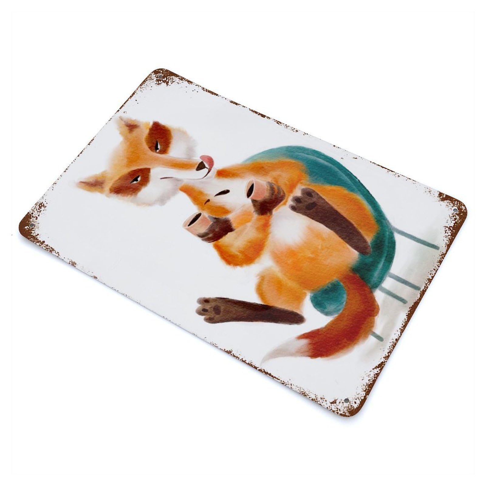 Rusty Metal Tin Sign with Cute Fox Drinking Coffee Design 11.8"x7.9", for Farmhouse, Kitchen And Entryway Decor, Rustic Home Decor