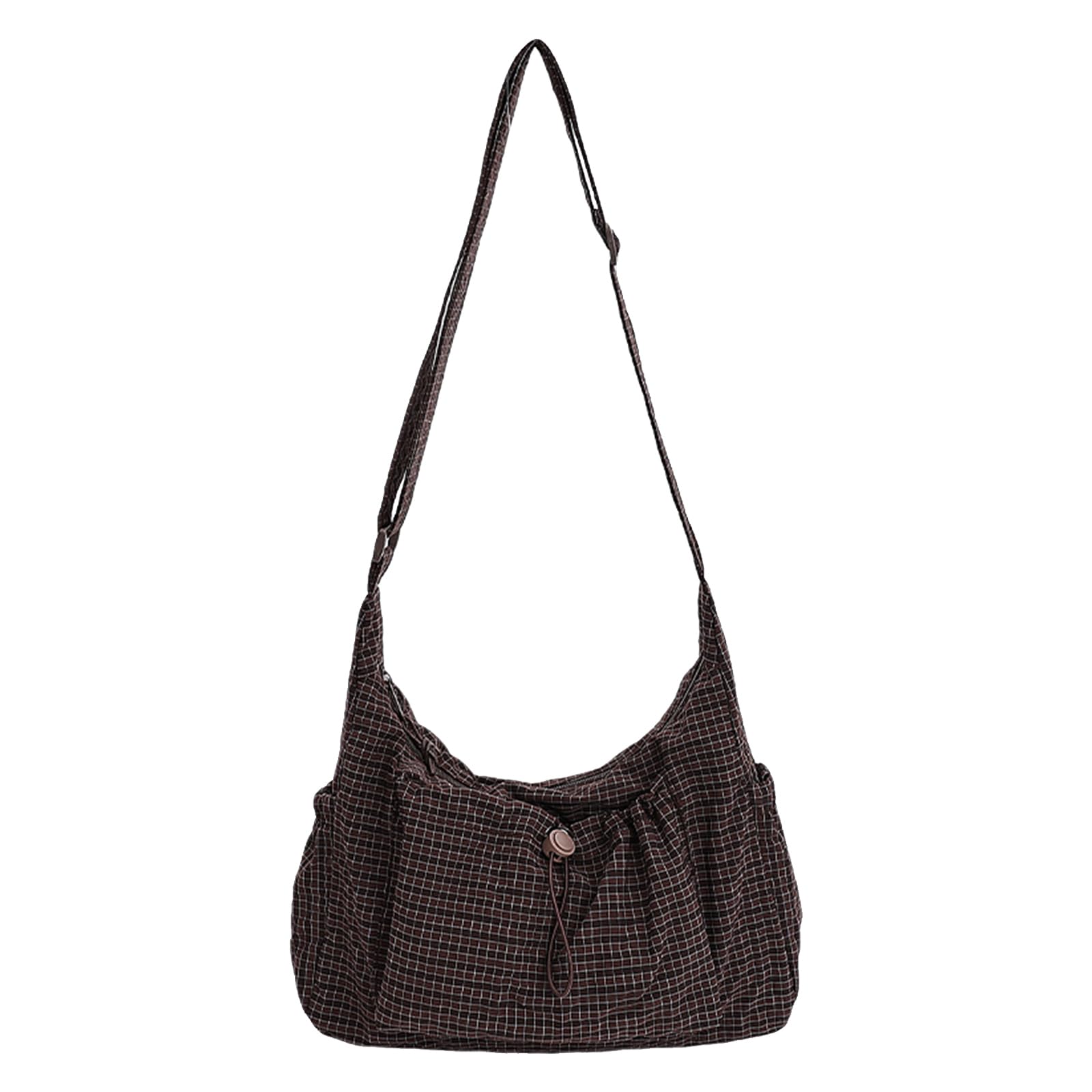 CATSEA Nylon Hobo Bag Plaid Crossbody Shoulder Bag Drawstring Messenger Purse Soft Zipper Handbag Adjustable Shoulder Straps
