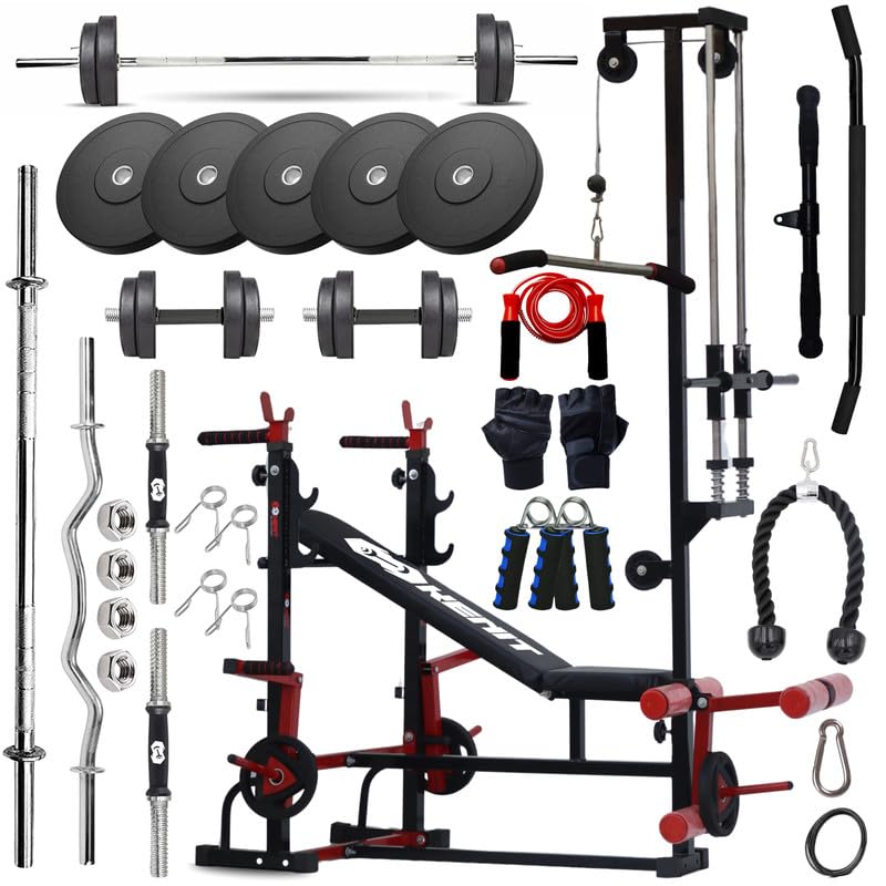 30KG Rubber Plates Combo with 20-in-1 Adjustable Bench, Lat Pulldown, Curl Rod, Straight Bar, Dumbbells, Skipping Rope, Gloves & Gripper – Home Gym Fitness Kit-image-27