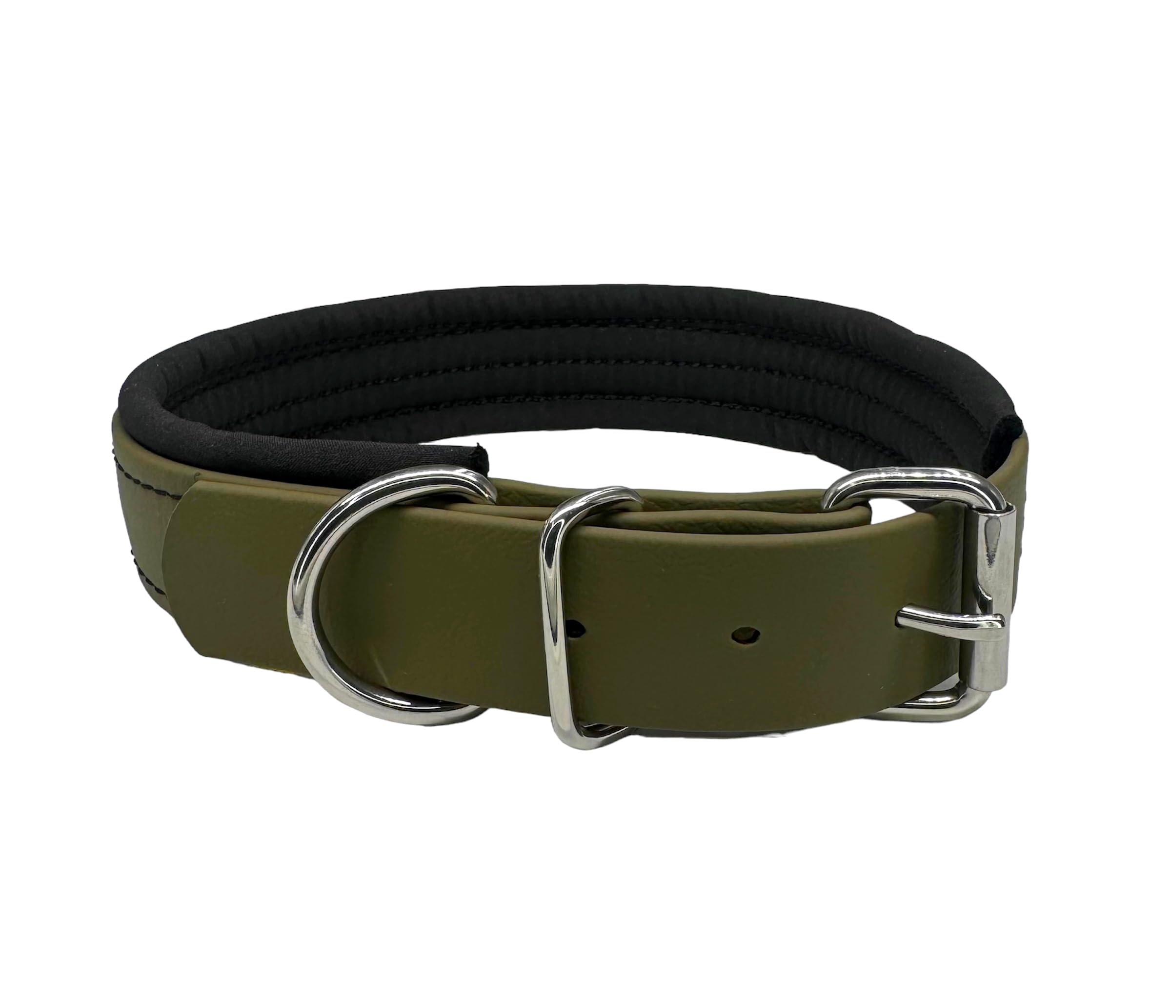 Hundehalsband Biothane verstellbar/mit Softshell gepolstert/S - XXL/Edelstahlbeschläge/wasserfest & waschbar/kleine & Grosse Hunde (Olive, M (45-50cm))