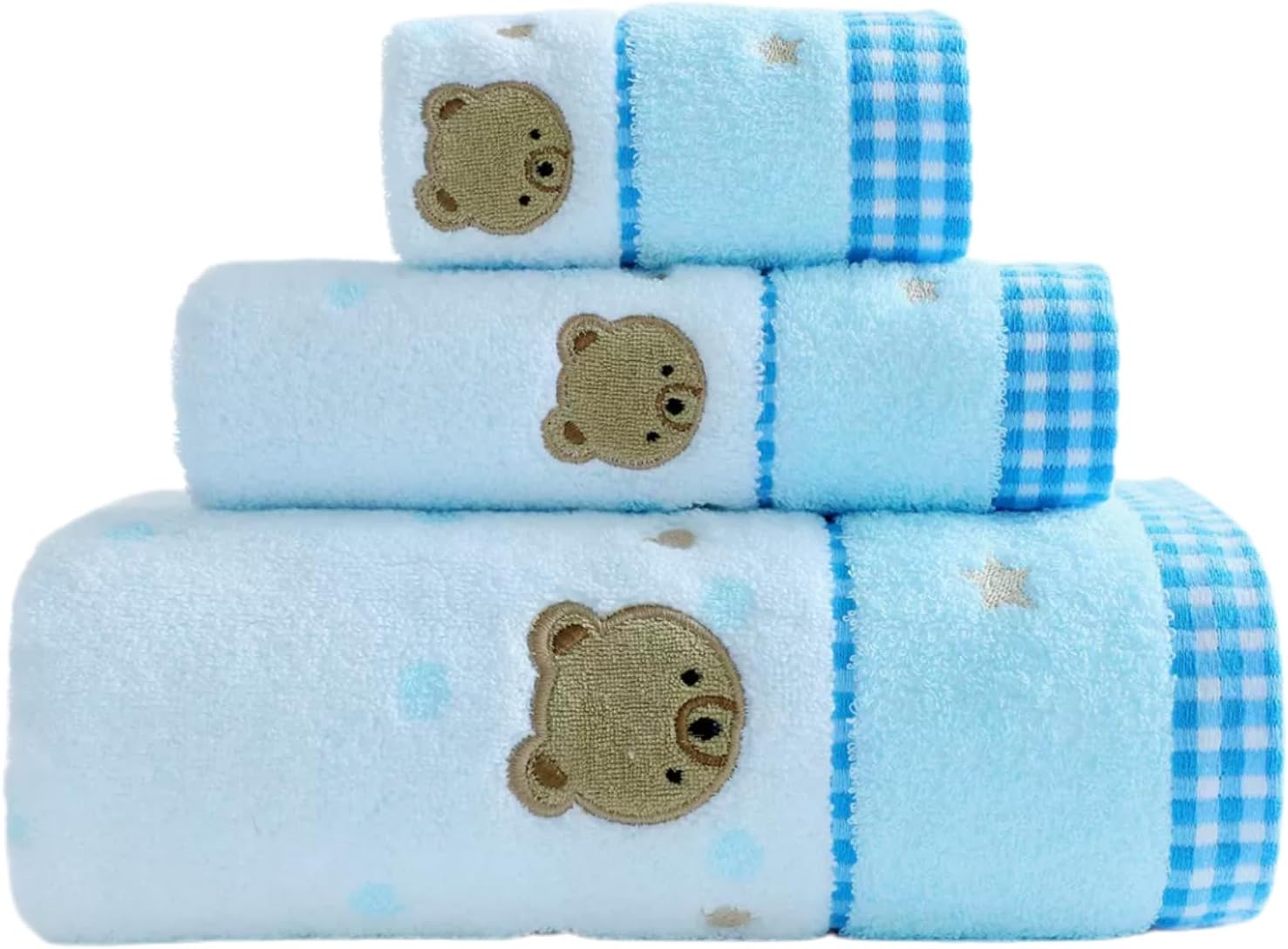 3 Piece Premium Bath Towel Set (Cute Bear), 1 Bath Towel 1 Hand Towel 1 Washcloth, Quick-Drying, 100% Cotton，Oeko-TEX Certified (Blue)