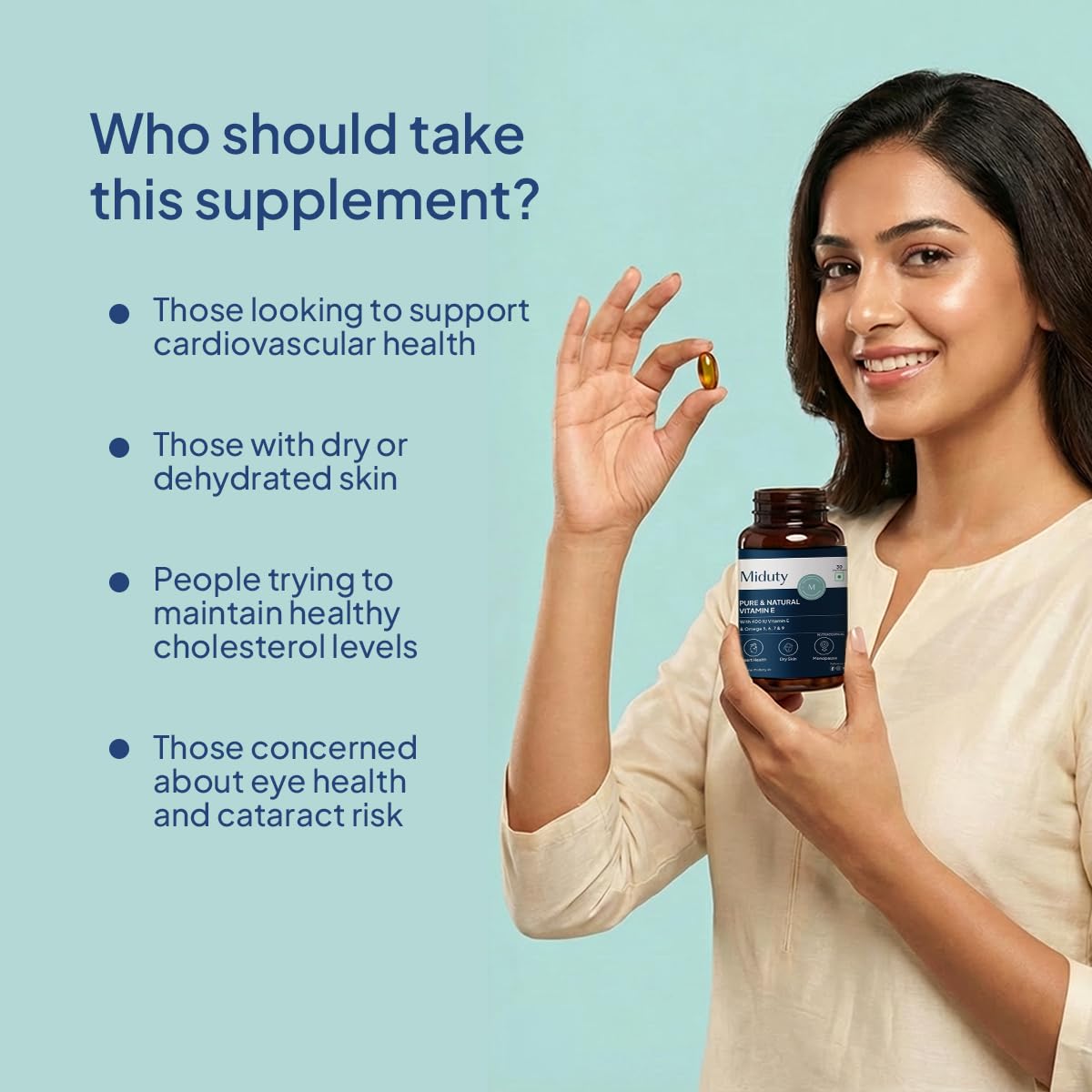Miduty Vitamin E with Sea Buckthorn Berry Oil | D-Alpha Tocopherol from Natural Sunflower Oil | Omega 3, 6, 7 & 9 | Antioxidant Support for Skin & Heart Health | 30 Veg Softgels 3