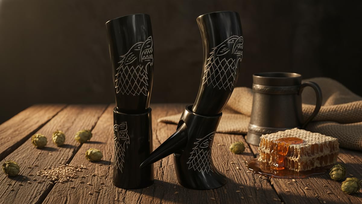 Naturwolf-Gravur Ochsenhorn Wikinger Trinkhorn Tasse mit Ständer Verlangt Trinken Halloween Party Geschenk Trinkhorn Set von 2 Wolf für Ale Mead Bier Kaltgetränk Nordhorn