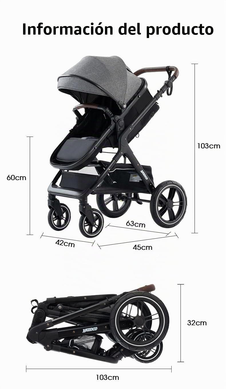 YAZOCO Carrito Bebe 3 en 1 Colapso Silla de Paseo Multifuncional Vista Alta Accesorios Cómodos Para Asientos (Gris)