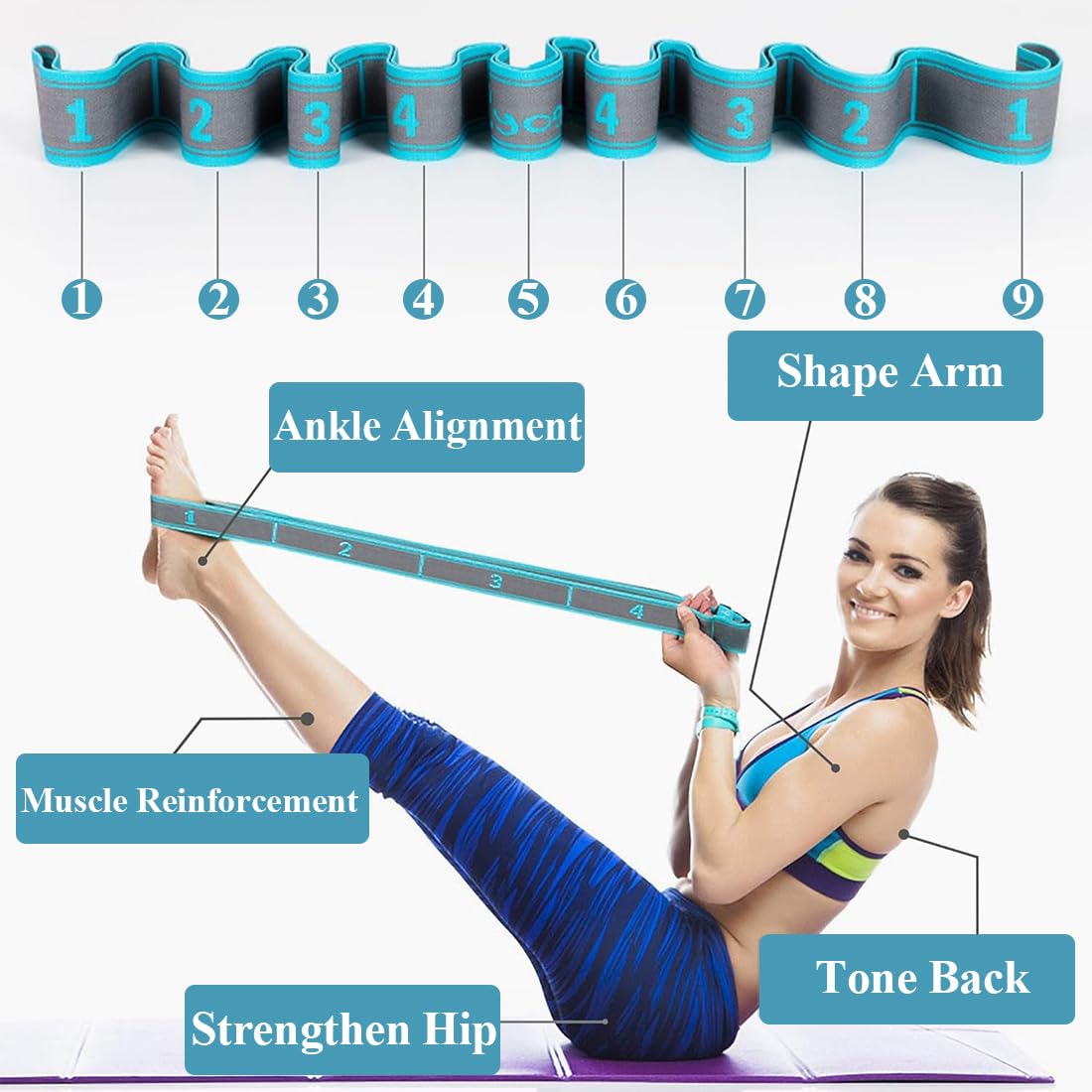 Cinghia elastica per stretching con passanti regolabili, cinghia elastica multi-loop per yoga, bande di resistenza flessibili, attrezzatura per stretching e danza, yoga, stretching, per modellare il