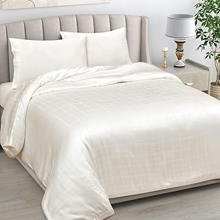 LINENWALAS 100% Natural Bamboo Core Bedding Set 4 Pc Self Design Window Pane- Luxury Softest Cool Bedding Perfect for Skincare- Duvet Cover, Fitted Sheet & Pillowcases (Emperor, Ivory)