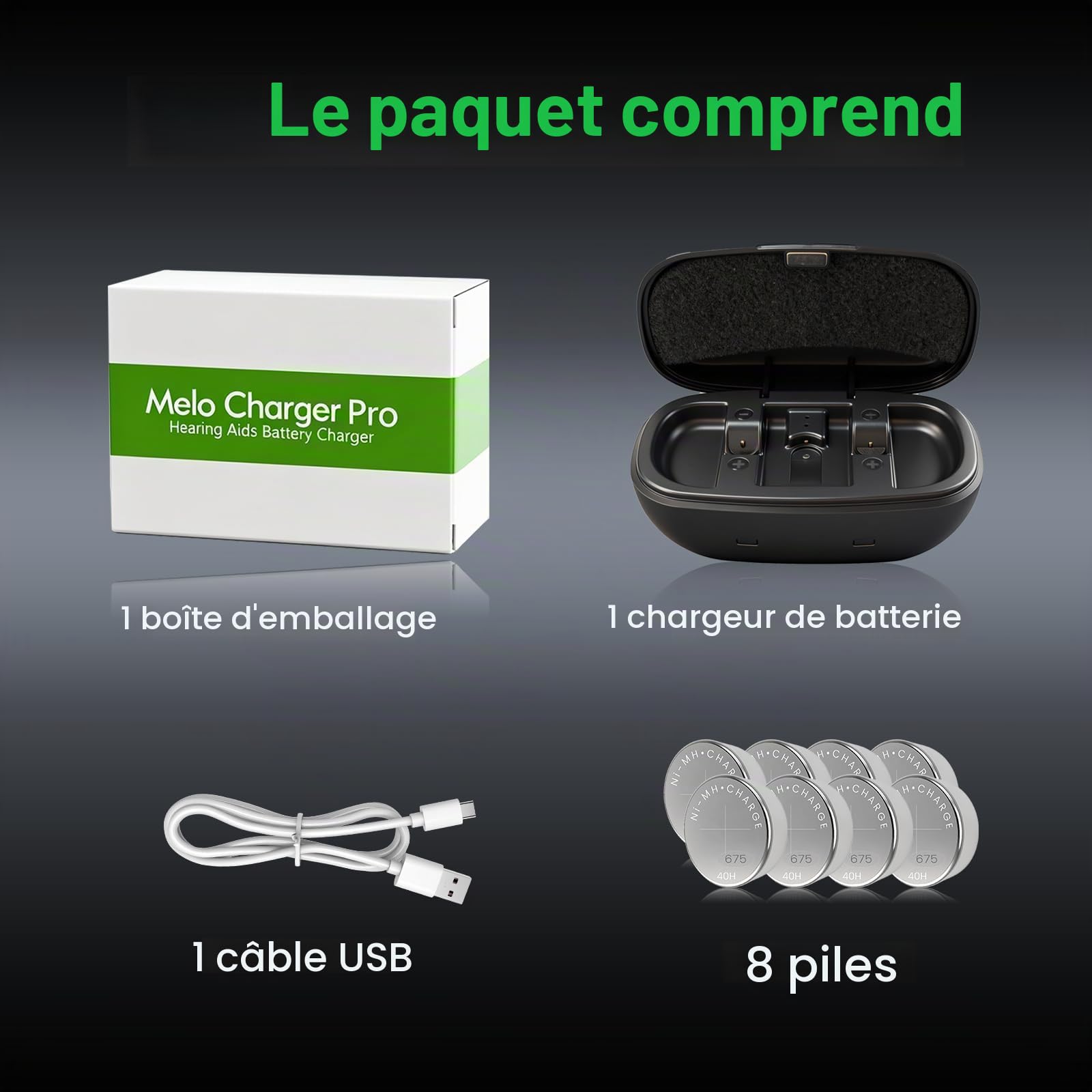 Lot de 8 piles rechargeables 312 pour appareils auditifs avec chargeur de batterie, piles rechargeables taille 312 et étui de chargement, autonomie de 8 à 10 heures pour appareils non Bluetooth (8
