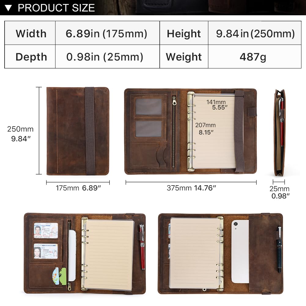 Hiram Custodia in pelle per notebook A5 con raccoglitore a 6 anelli multifunzione in pelle A5 cartella per notebook con tasca per tablet per ipad mini