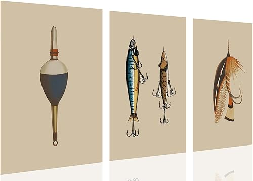 Miniatura 1 de Juego de 3 piezas de arte de pared de pesca vintage, con mosca y gancho, impresiones de equipo de pesca retro, carteles de pesca antiguos, cueva de