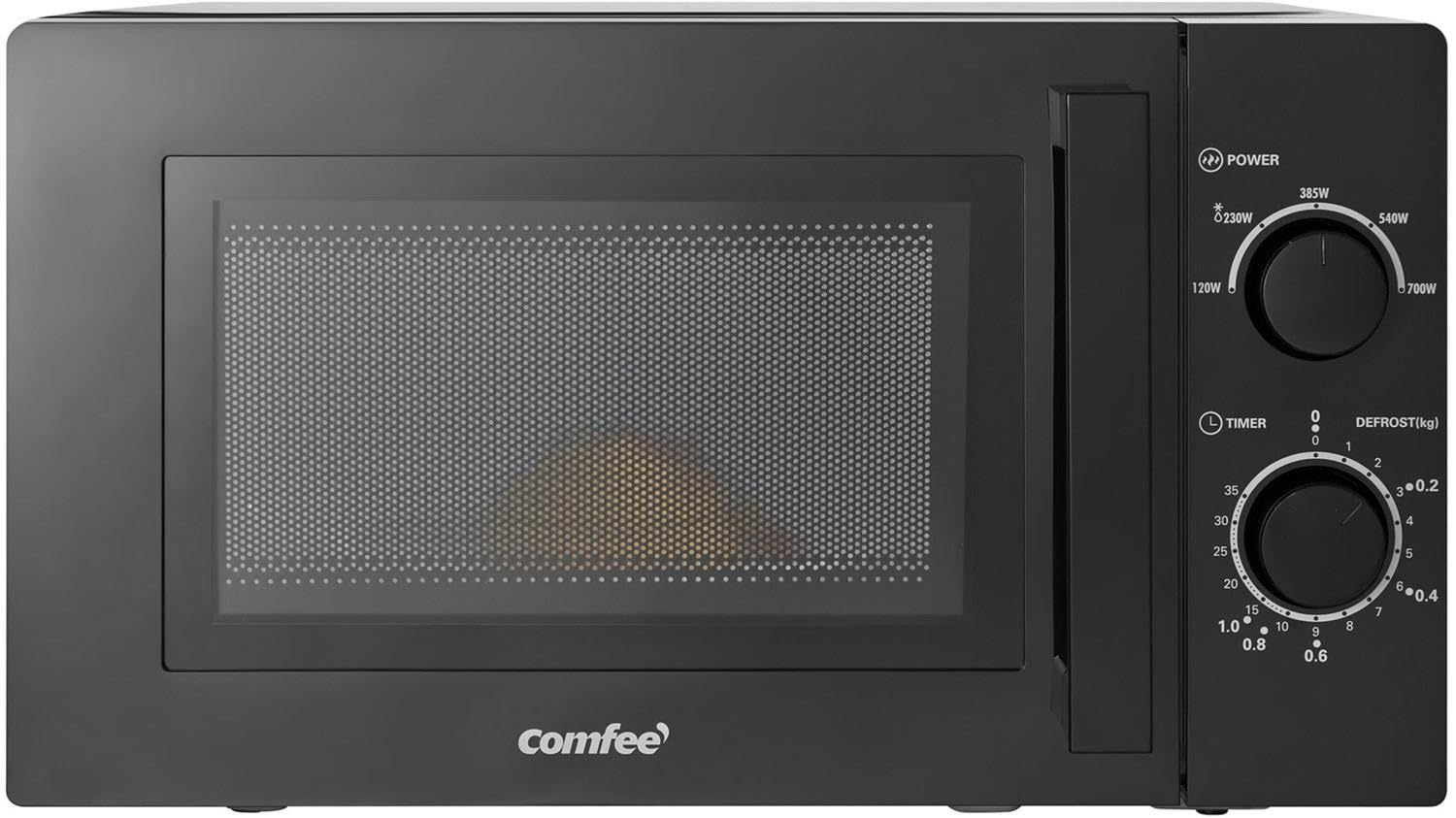 Comfee CMSN 20 bk Mikrowelle/Solo-Mikrowelle mit 5 Leistungsstufen/Innenbeleuchtung/easy Defrost/360°Drehteller/Zwei Drehregler/20L/700W/ Schwarz