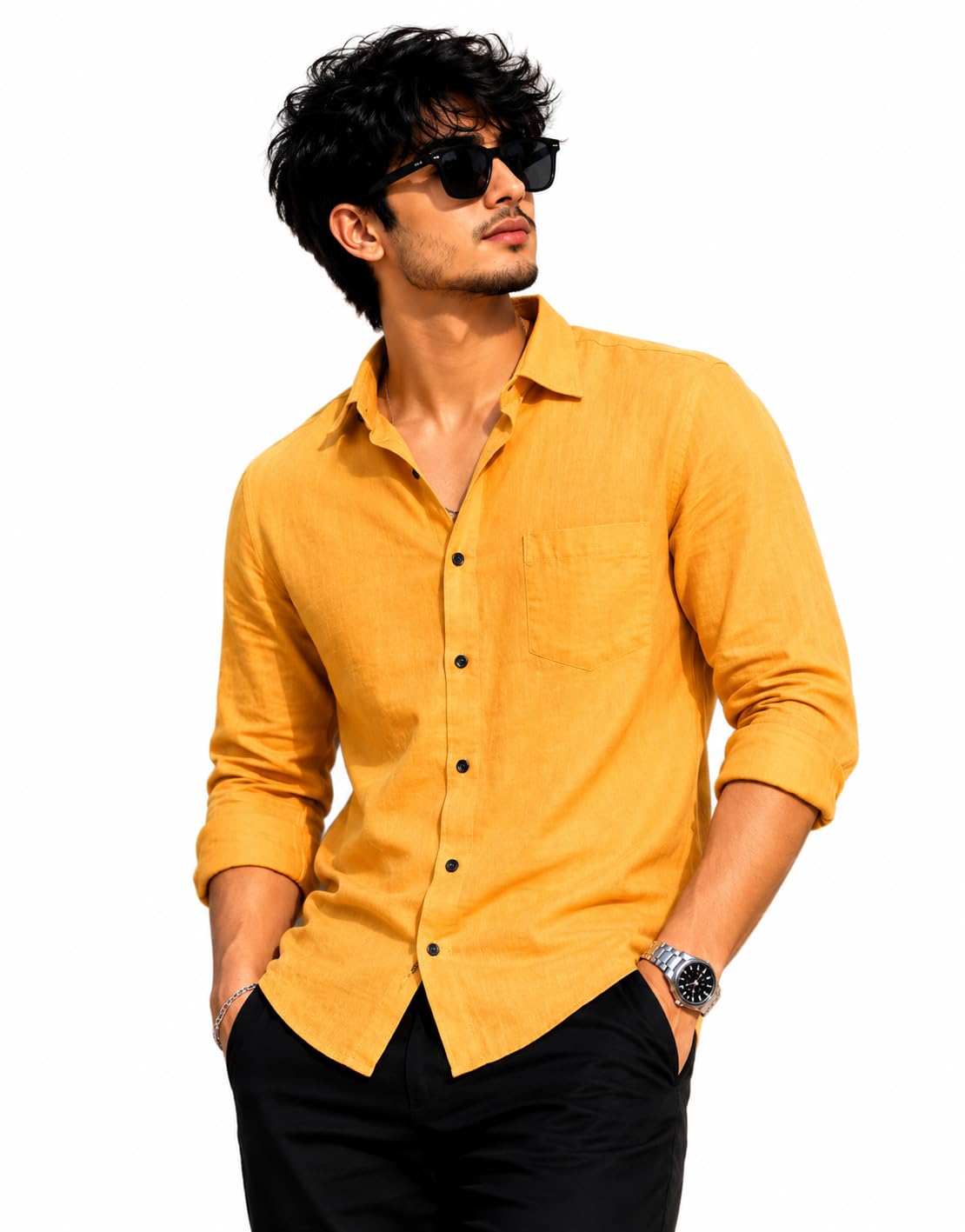 Premium Cotton Shirt Fabric For Men 2 Meter Shirt Piece Cloth Pure Cotton Linen Blend | Fabric for Shirt | (Deep Yellow Colour)-image-34
