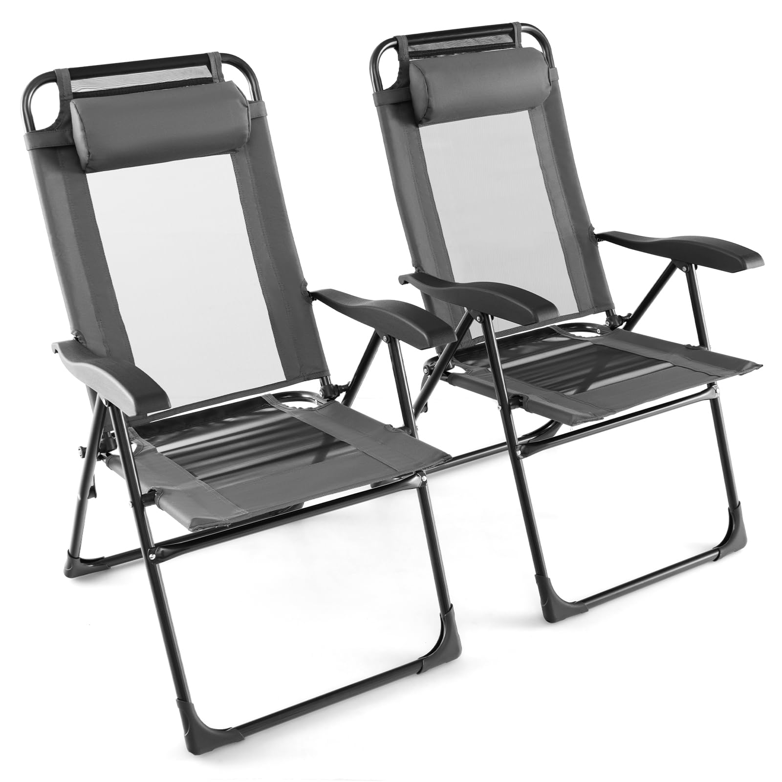 KOMFOTTEU 2er Set Gartenstühle, Klappstühle mit 7 verstellbaren Rückenlehnen, Campingstühle mit Abnehmbarer Kopfstütze, Klappsessel tragbar für Balkon, Garten, Terrasse (Grau)